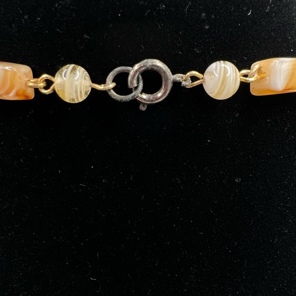 Vintage Gold Tone Brown Cream Marbled Glass Necklace Cylinder Bead Agate - Picture 4 of 4